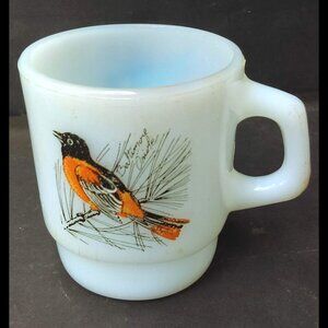 Vtg Anchor Hocking Fire King Milk Glass Baltimore Oriole & Blue Jay Coffee Mug